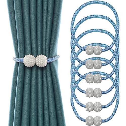 Newaner 6 Piezas Abrazaderas Cortinas, Correas de Imán para Cortina, Hebillas Cuerda con Detalle de Bola de Gancho para la Decoración de Cortinas (Azul)