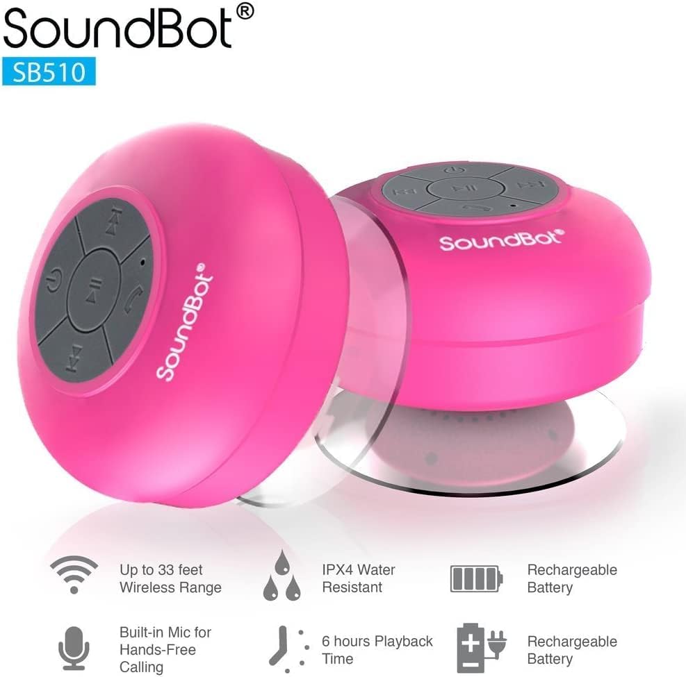 Soundbot SB510 HD Water Resistant Bluetooth Shower Speaker, Handsfree Portable Speakerphone with Built-in Mic, 6hrs of Playtime, Control Buttons and Dedicated Suction Cup for Showers (Pink) - Image 3