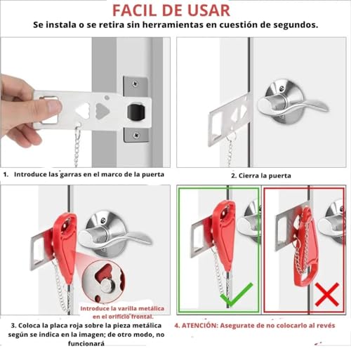ADEGO Cerradura Portatil Puerta - Pestillo Puerta Sin Agujeros para Viajar con Seguridad - Cerrojo Puerta Sin Agujeros Antirrobo para Viajes, Hotel, Casa, Apartamento - imagen 2