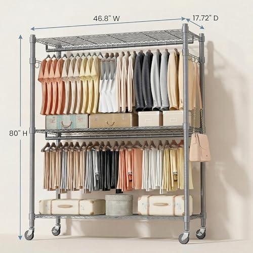 Image of Homdox Rolling Clothes Rack Heavy Duty, 3-Tier Adjustable Wire Shelving Garment Organizer with Double Rods & Hooks, Portable Clothes Rack with Wheels, 17.72 inch D x 47.24 inch W x 80.71 inch H, Grey