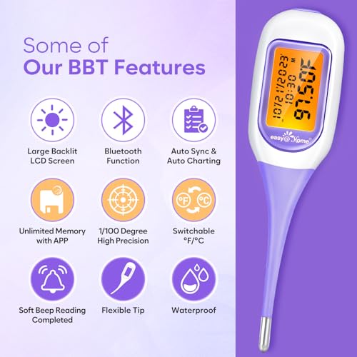 Image of Easy@Home Smart Basal Thermometer, Large Screen and Backlit, Period Tracker with Premom (iOS & Android) - Auto BBT Sync, Charting, Coverline, Accurate Fertility Prediction EBT-300 Purple