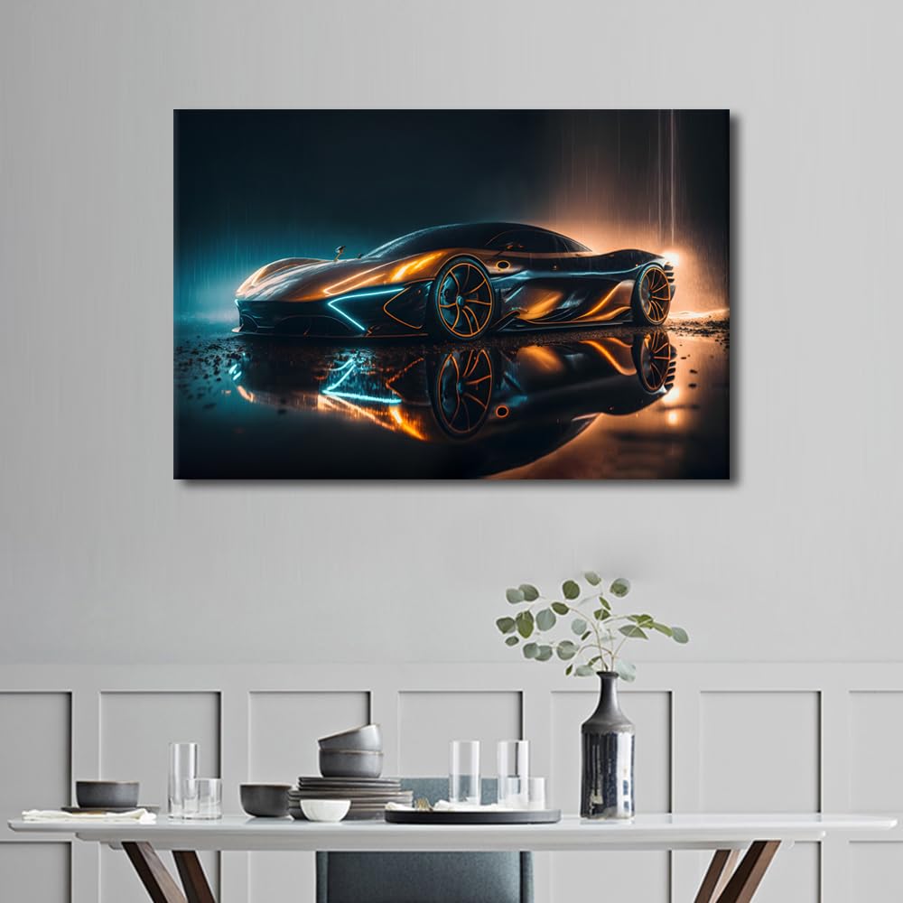1 panneau sur toile d'art mural élégant futuriste voiture de luxe, surfaces métalliques réfléchissantes brillantes couvertes de gouttes de pluie, œuvre d'art sur toile pour décoration de maison,