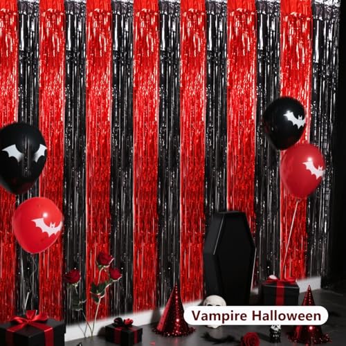 Image of BEISHIDA Red Black Door Streamers Backdrop Foil Fringe Tinsel Party Streamers Curtains Photo Backdrop - 2Pcs for Birthday Graduation Bachelorette Halloween New Year Party Decoations