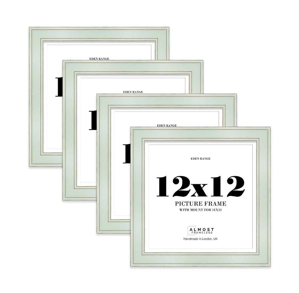12x12" Sage Green Square Picture Frame with 11x11" Mount - Shabby Chic Photo Frame with Distressed Finish, Gold Trim, Wall Hooks and Kickstand, 37mm Edge - 4 Pack