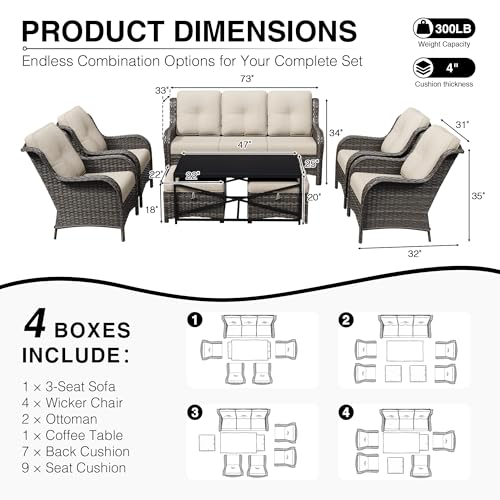 Image of Joyside 8 Piece Wicker Patio Furniture Set, Rattan Patio Chairs with High Back, Deep Seating, Wide Armrest, Thickened Cushions, Outdoor Furniture for Deck, Porch Use