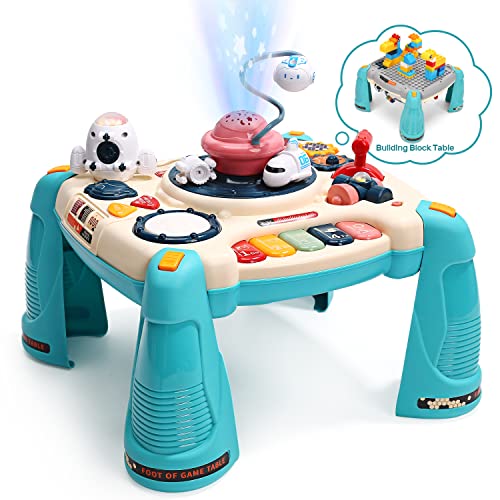 CUTE STONE 2 in 1 Baby Activity Table with Night Light, Musical Learning Table for Infants & Toddlers, Educational Play Toys, Building Blocks, Space Themed Gifts