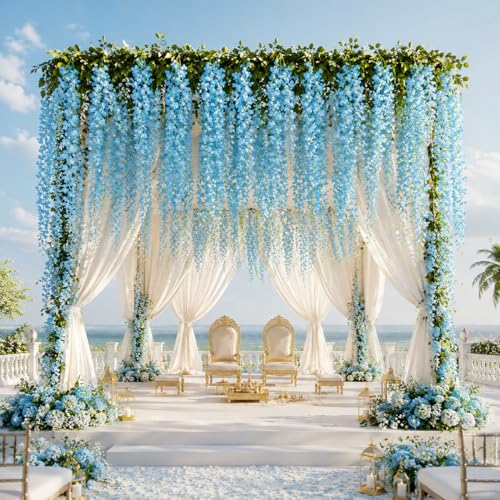 Image of Tia Crafts Polyester Artificial Hanging Flowers For Ceiling Balcony | Sky Blue Wisteria Vine | Home Party Decor Garden Outdoor Wall Decoration | Waterproof Washable 3.7Ftpack Of 12 (Sky Blue, 12)