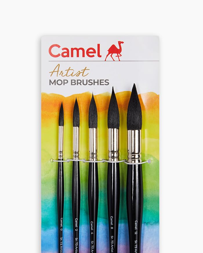 Image of Camel Artist Mop Paint Brushes | Set of 5 Brushes | Fine Tip for Detailing, Watercolour, Poster & Acrylic Painting | for Artists & Students