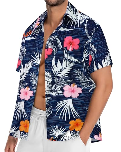 Image of Men Hawaiian Shirt Short Sleeve Summer Beach Button Down Shirts with Pocket