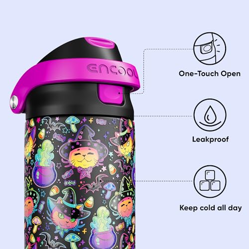 Image of Encool SwiftSip Insulated Stainless Steel Water Bottle with Straw - Leak Proof Sports Water Bottle for School, Travel, Keeps Cold All Day, One-Touch Flip Lid, BPA-Free, 24 oz, Meowgic Night