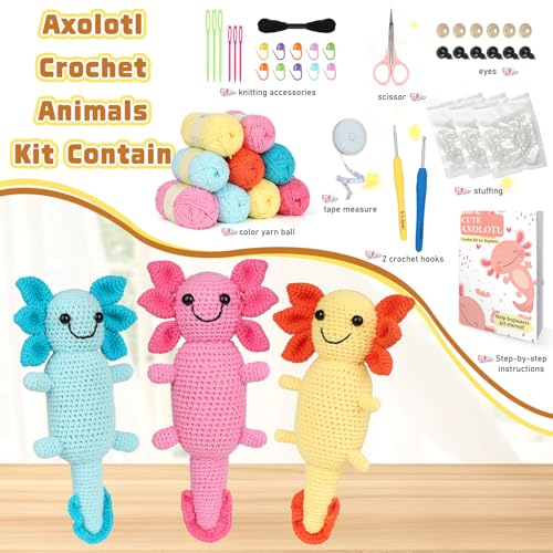 Image of Katech Axolotl Crochet Kit for Beginners, Crochet Starter Kit for Adult Learn to Crochet Animals Kit w /Step-by-Step Instructions, Knitting Set with Enough Yarn for Beginner Practise- Colorful