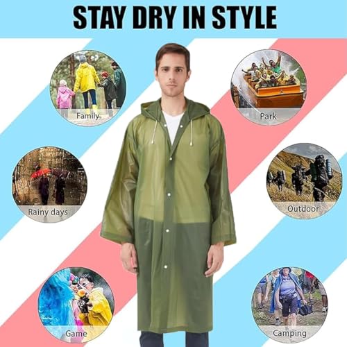 Image of ORILEY EVA Waterproof Raincoat for Men & Women with Hood Reusable Lightweight Rain Poncho Full Sleeves Rain Coat with Button Closure Outdoor Rainwear for Camping Hiking & Travelling (Free Size, Green)