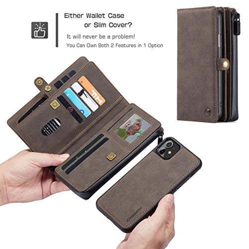 Caseme For Iphone 11 Wallet Case, Durable Handmade Pu Leather Zipper Detachable Magnetic Phone Case For Iphone 11 (6.1 Inches) Case Wallet Clutch Purse With 15-Card Slots Holder For Women Men, Brown #TOP6
