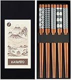 Japanische Essstäbchen aus Bambus (5 Paar) – Premium Set mit traditionellen Mustern - 22 cm Natur-Stäbchen Wiederverwendbar & Spülmaschinenfest – Nachhaltiges Chopstick Geschenk-Set in Designbox