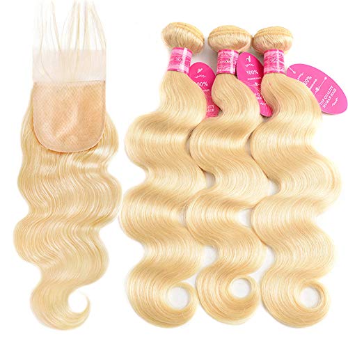 Aopusi 613 Blonde Human Hair Bundles with Closure Body Wave 3 Bundles with Lace Closure Fake Scalp Body Wave Weave Remy Hair with Free Part PU Silk Base Closure (16 18 20+14, #613)