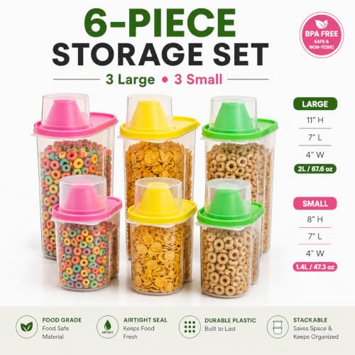 Image of Basicwise Set of 3 Large 2.5-Liter and 3 Small 1.9-Liter Airtight Food Storage Containers Easy-Pour Spouts & Measuring Cup Lids for Flour Sugar Cereal Snacks & Pantry Staples in Green Pink & Yellow