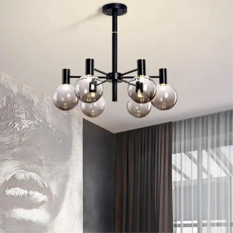 Generico Lampadari, Lampadario a LED nordico Soggiorno Camera da letto Lampada a sospensione minimalista Ristorante Villa a con sfera di vetro a soffitto(Changeable,Black 6 head)