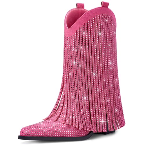 Bybmorto Cowgirl Boots for Women - Pink Rhinestone Glitter Sparkly Fringe Cowboy Boots, Pointed Toe Chunky Heel Pull-On Western Booties for Country Music Festival Size 7