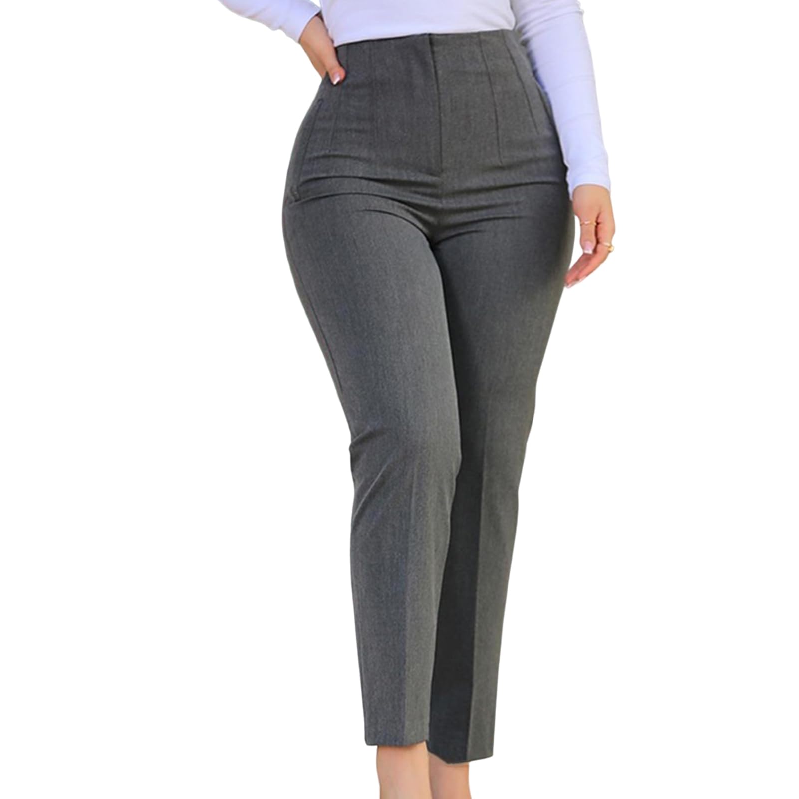 Office Pants High Waist Pleated Pockets Ninth-Length Women Trousers Solid Color Straight Leg Suit Pants Work Pants Work
