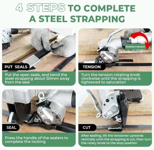 Portable Pneumatic Steel Strapping Machine, 3-in-1 Tensioner Cutter Sealer Tool Kit, Heavy-Duty Metal Banding Set for Efficient Bundling, Packaging
