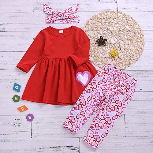 Toddler Baby Girl Valentine\'s Day Outfits Ruffle Tunic Top Dress Shirt Carriage Love Heart Print Flare Pants Clothes Set (Red-Pink Heart, 1-2T)