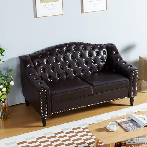 Image of Chesterfield Loveseat, 55 inch Faux Leather Love Seat Sofa, Comy Small Sofa Counch with Camelback for Small Spaces, Mid Century Modern 2 Deep Seats Couch for Apartment Living Room (PU-Loveseat, Brown)