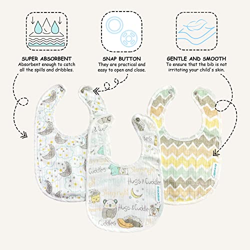 Image of abracadabra Muslin Bibs with Adjustable Snap Button Closure, Super Absorbent, Soft, Comfortable & Lightweight, Set of 3 - Sleepy Friends