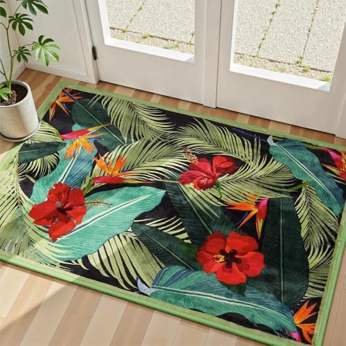 Rugflix 2x3 Small Area Rugs for Entryway, Washable Entrance Door Mat Non-Slip, Soft Low Pile Stain Resistant Vintage Floral Indoor Throw Rug for Kitchen, Bedroom, Hallway, Tropical Green