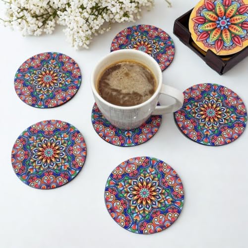 Image of Zesta Coasters for Cups Set of 6 / Wooden Coasters for Bar Accessories for Home /Tea Coaster Set of 6 / Waterproof Dining Table Decor Glass Cover (Mandala - Purple, Circle)