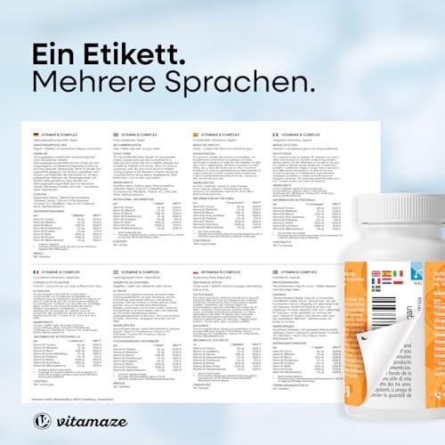 Vitamin B Komplex hochdosiert & vegan, 180 Tabletten für 6 Monate, B1, B2, B3, B5, B6, B7, B9, B12 Vitamine in einer Tablette, Natürliche Nahrungsergänzung ohne Zusatzstoffe, Made in Germany