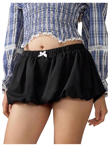 SOLY HUX Women's Y2k Bubble Skirt Bow Elastic Low Rise A Line Mini Skirt