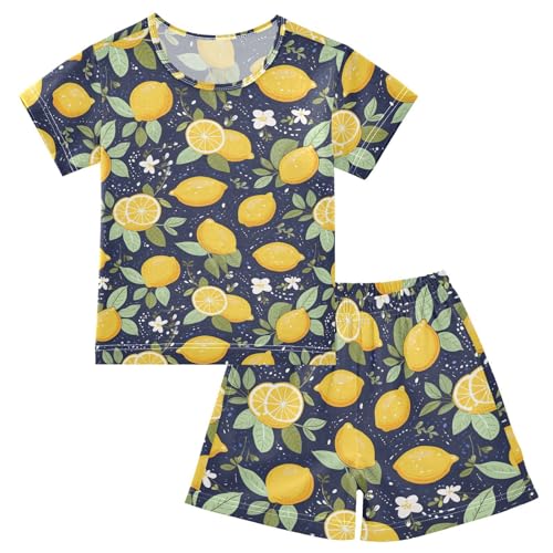 ALAZA Yellow Lemon Blue Background Pajama Set Short Sleeve Sleepwear Soft Lounge Nightwear