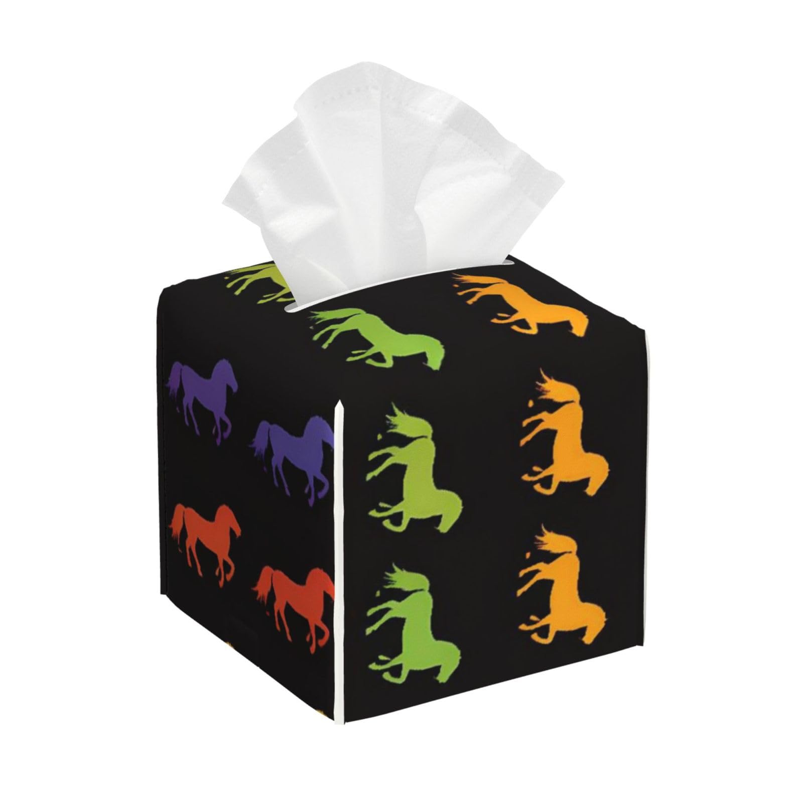 Rainbow Horse Black Leather Tissue Box Cover Holder Square Facial Paper Organizer 5.2" X 5.2" X 5.2"