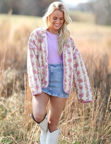 Arssm Women Floral Quilted Puffer Jacket Cropped Lightweight Patchwork Vintage Padded Short Coat Outerwear(Purple-S)3