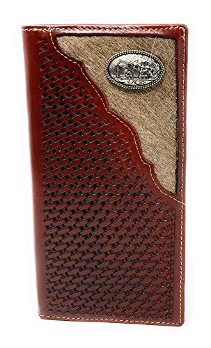Texas West Men's Cow Fur Cowhide Genuine Leather Praying Cowboy Basketweave Bifold Wallet in 3 Colors (Brown)