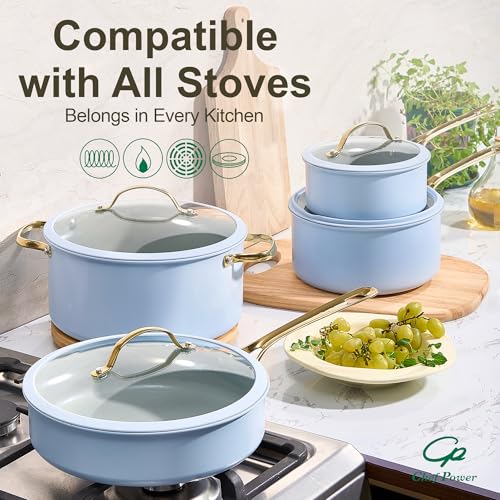 Chef Power Ceramic Cookware Sets, 15Pcs Pots and Pans Set Non Stick, Cookware Set with Stainless Steel Handle, Dishwasher & Oven Safe, Light Blue and Granite Grey - image 5
