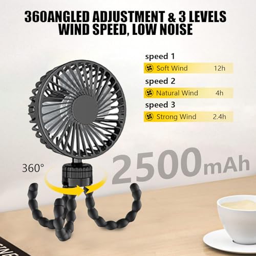 Baby Stroller Fan Handheld Personal Portable Fan with Flexible Tripod Car Seat Fan with 3 Speeds USB or Battery Powered Clip On Fan for Desk Crib Outdoor Treadmill Travel Camping (Black)