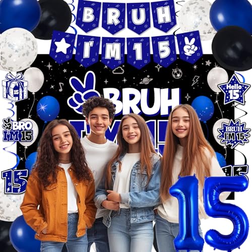 Image of 15th Birthday Decorations for Boys and Girls, Blue and Black Happy 15th Birthday Party Decorations, Bruh I'm 15 Backdrop, Foil Balloons 15, Banner, Balloons, Hanging Swirls, Birthday Card Set 41pcs