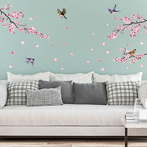 PLIGREAT Pink Cherry Blossom Flowers Birds Wall Stickers Removable Vinyl Peel and Stick Wall Decals for Bedroom Dininig Living Room Home Indoor Window Wall Decorations DIY Wall Art Decor - Image 3