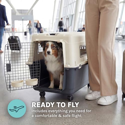 Image of SportPet Airline Compliant LARGE 31.5 inch Travel Dog Kennel-Durable Plastic Airline Pet Carrier w / Removable Wheels & Food Bowls, Collapsible Indoor /Outdoor Dog Kennel, Dogs up to 28 inchL & 20 inchH-Cream /Gray