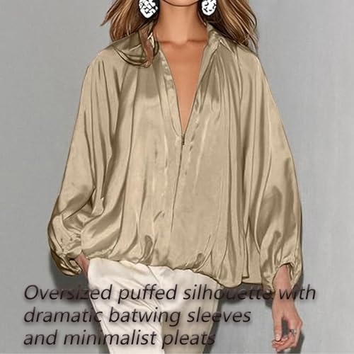 Balloon Sleeve Jacket, Casual Outerwear, Women's Puffed Bomber Jacket, Collar Zip Front Pleated Shirts4