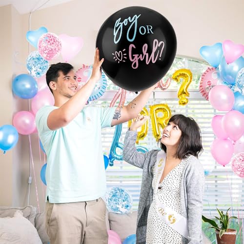 Image of Gender Reveal Balloon, 36 Inch Black Gender Reveal Balloon with Blue and Pink Heart Shape Confetti Big Boy or Girl Balloon Kit for Baby Genders Reveal Ideas Party Decorations Baby Shower Party Supplie