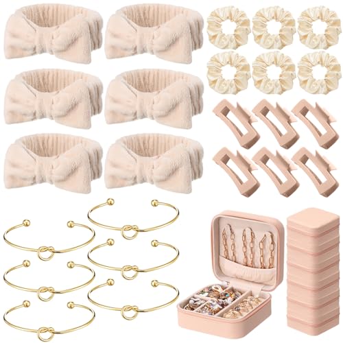 Suncalla 30 Pcs Spa Party Favor Bridal Gift Set Bridesmaid Proposal Gift Knot Bracelet Jewelry Boxes Hair Clip Scrunchies Headband for Bridal Shower & Bachelorette Party(Beige,Fabric)