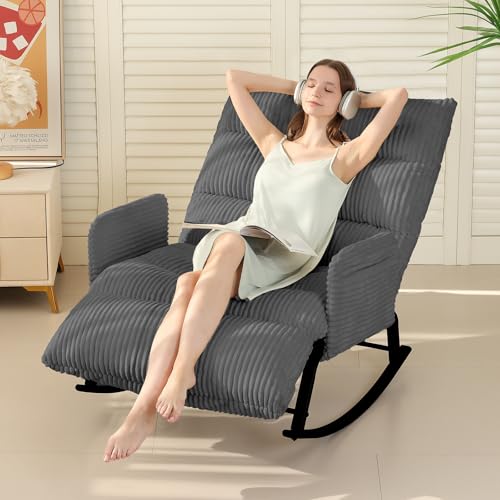 Tykacna Oversized Rocking Chair with Adjustable Backrest and Footrest, Outdoor Reading Chair - Chaise Lounge Chair Indoor, Comfy Corduroy Rocking Chair for Patio, Porch, Balcony, Living Room