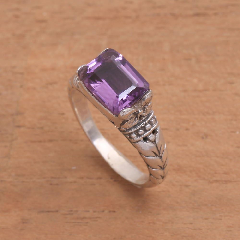 NOVICA Artisan Handmade Amethyst Single Stone Ring Faceted Purple from Bali .925 Sterling Silver Cocktail Indonesia Leaf Tree Floral Birthstone 'Padang Galak Beauty'