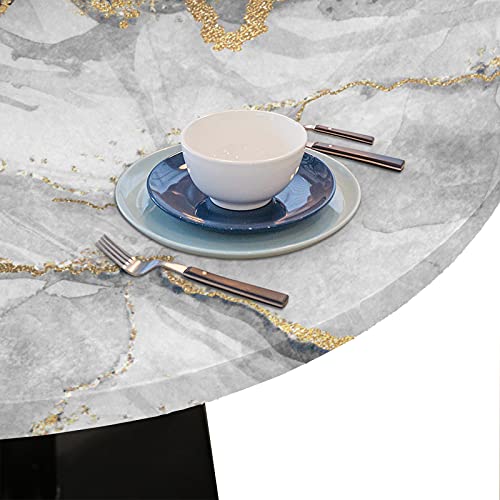 Marble Texture Fitted Tablecloth Round With Elastic Edged, Gold Black Marble Waterproof Wipe Clean Table Cover For Outdoor Indoor Patio Kitchen - Fits Tables 45" To 56" Diameter #TOP5