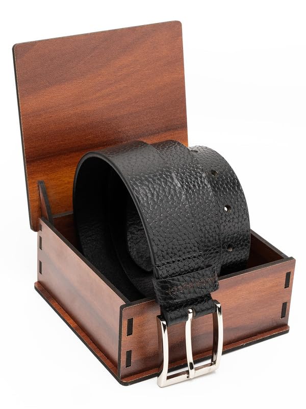 Image of Bacca Bucci Men's Leather Belt 35 mm for Formal & Casual Wear, Textured Black & Tan Strap with Metallic Pin Buckle, Classic Everyday Office Belt for Men