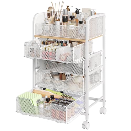 Makeup Cart Organizer with 4 Drawers, Large Floor Skincare Organizers, Vanity Storage Organizer Cosmetics Display Cases for Skin Care Perfume Nail Polish, White (Patent Pending)