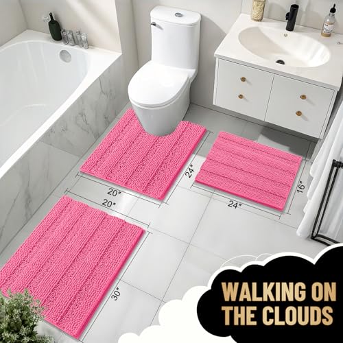 Image of OLANLY Thick Bathroom Runner Rugs 44x24, Extra Absorbent Chenille Striped Bath Rugs, Rubber Backing, Machine Wash Dry, Long Bath Mats for Bathroom, Tub and Shower, Home Decor Accessories, Hot Pink