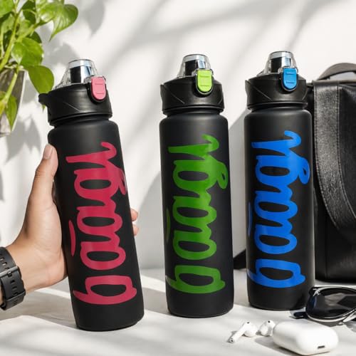 Image of Pack of 3 Matte Black Water Bottles (Pink, Green, Blue) | Leakproof Flip Lid Sports Bottles | BPA Free, Durable Gym & Office Water Bottle Combo